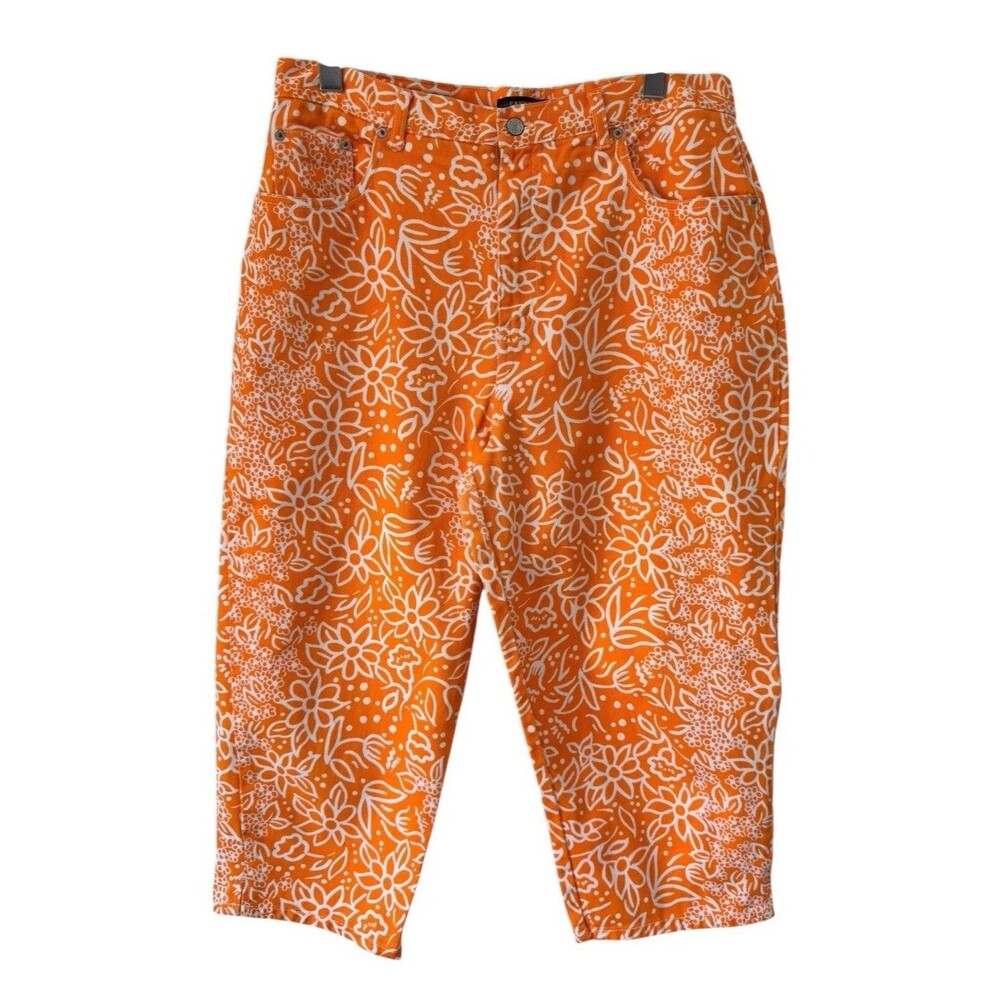 Vintage Bill Blass Women's Y2k 90s Jeans Easy Fit Capri Orange Floral Size 16